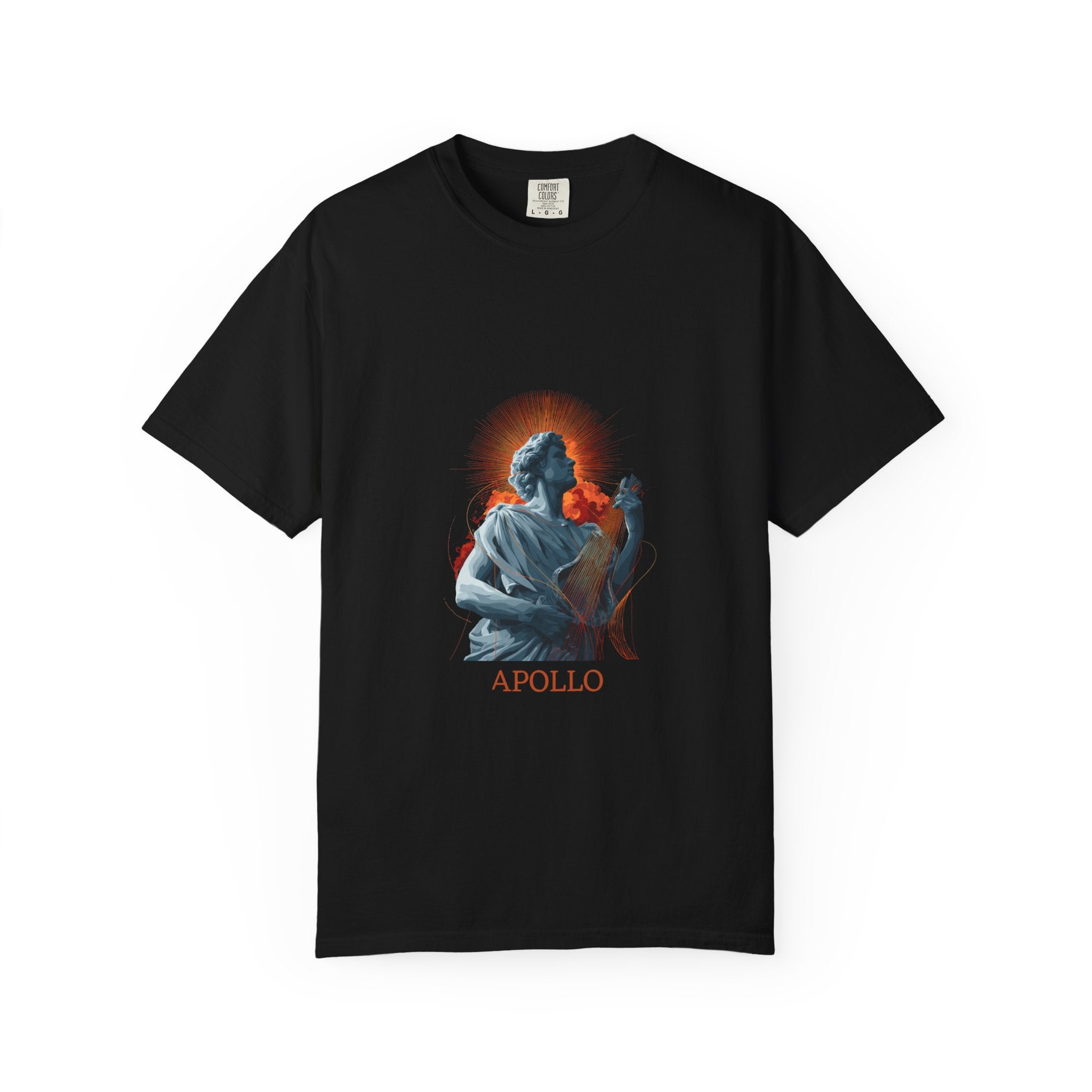 Black t-shirt with 'Apollo' graphic design on a white background