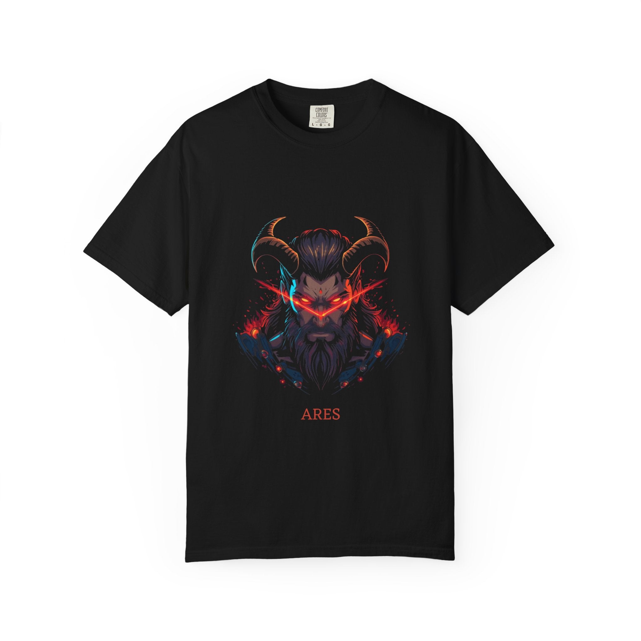 Black t-shirt with Ares graphic design on a white background