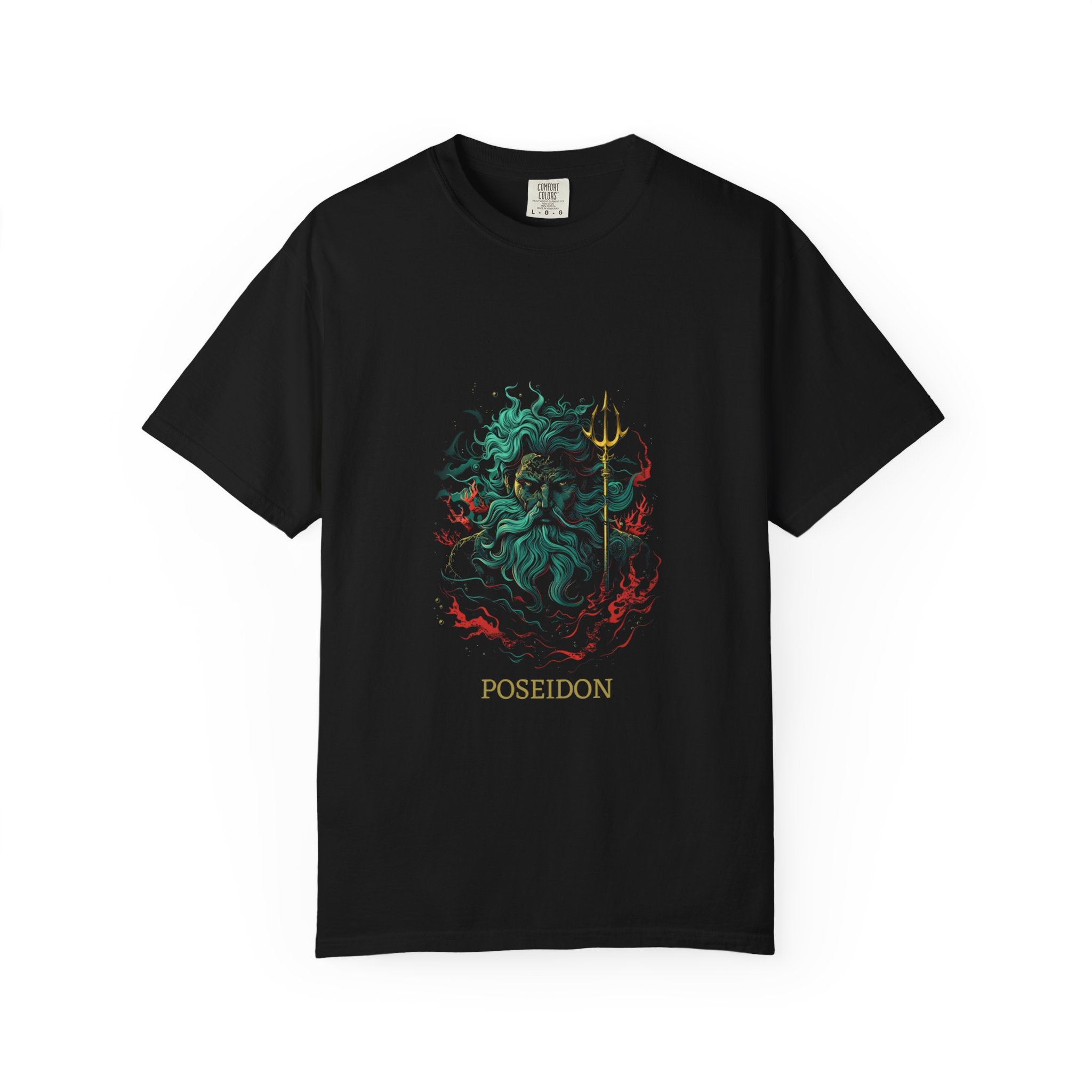 Black t-shirt with a colorful graphic design and 'POSEIDON' text on a white background