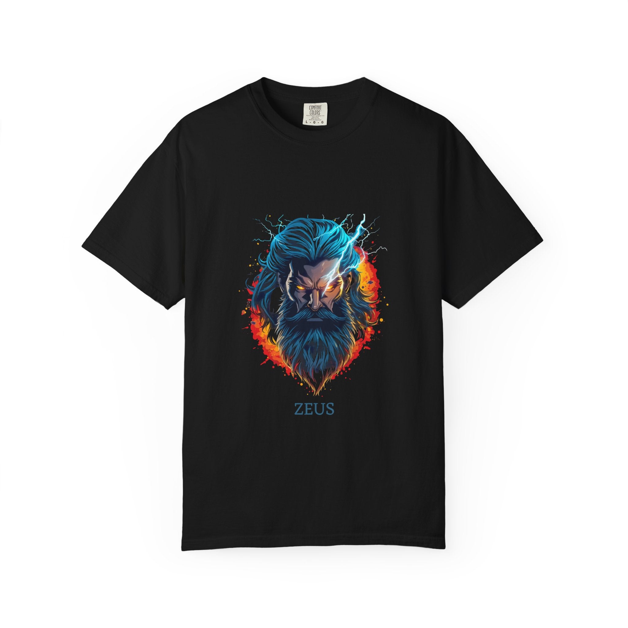 Black t-shirt with a colorful graphic of a lion's head and 'ZEUS' text on a white background