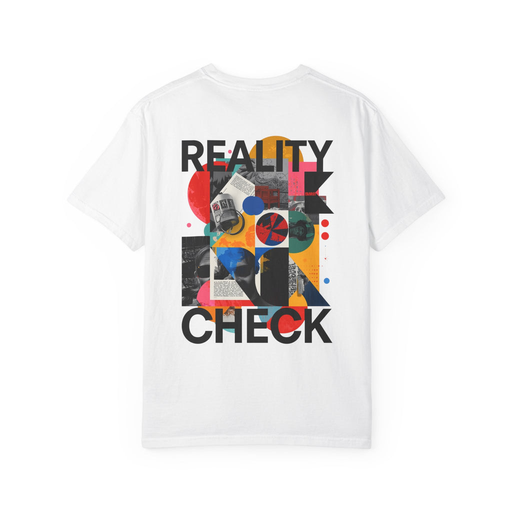 White t-shirt with colorful graphic design and text on a white background