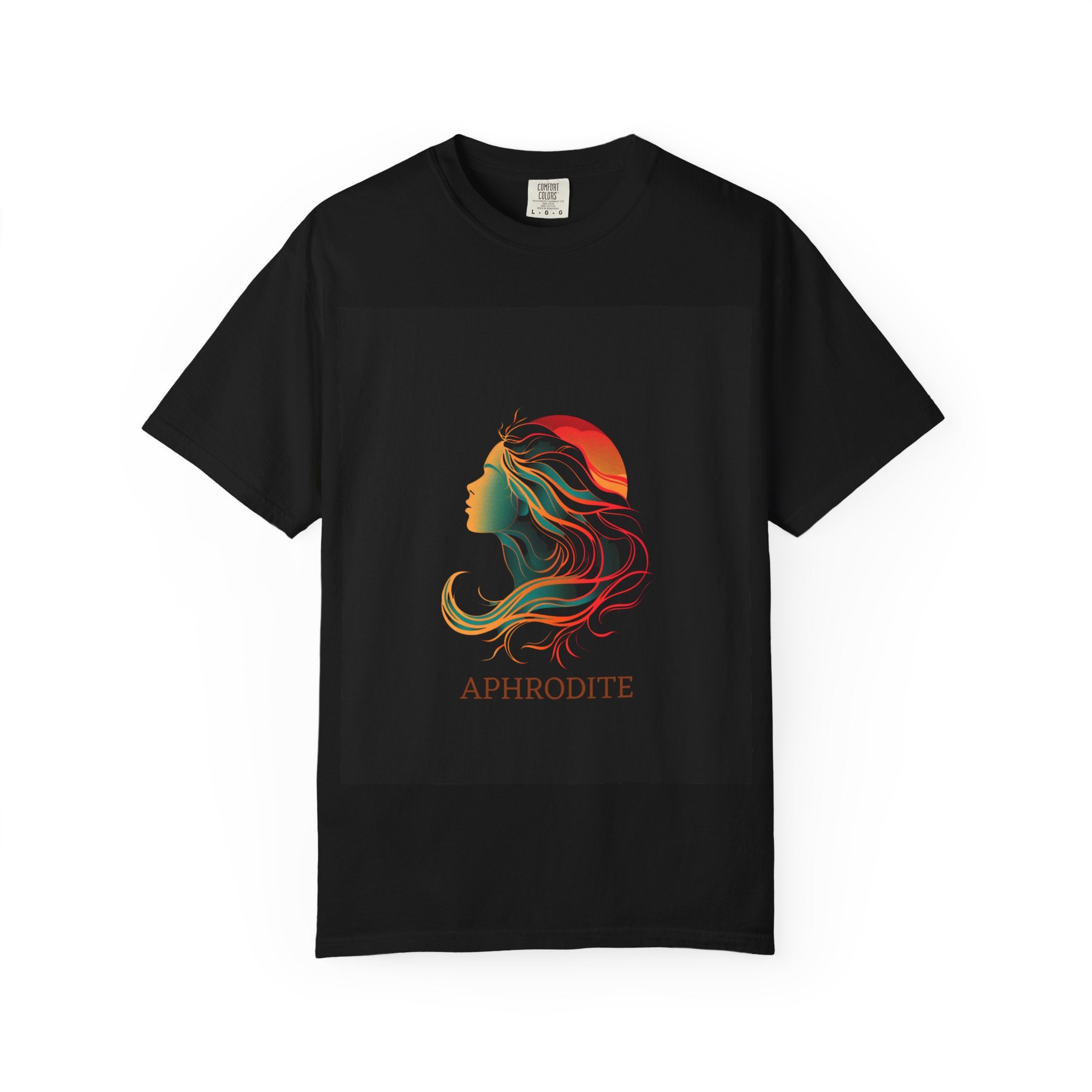 Black t-shirt with a colorful 'Aphrodite' design on a white background