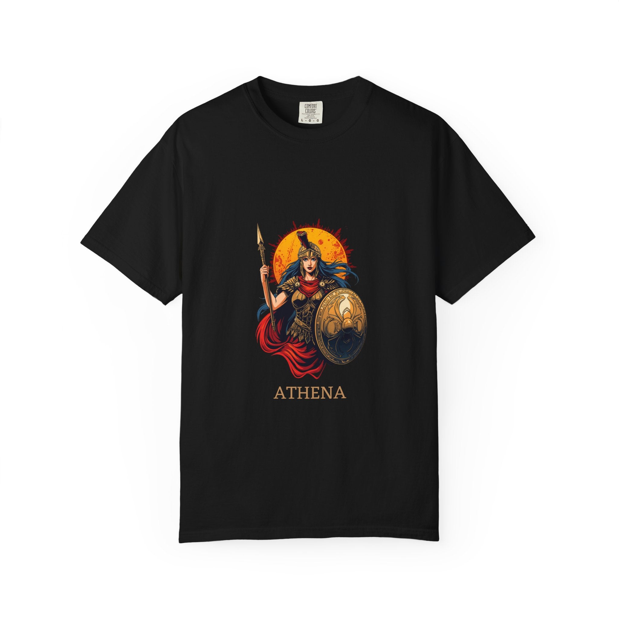 Black t-shirt with Athena graphic design on a white background