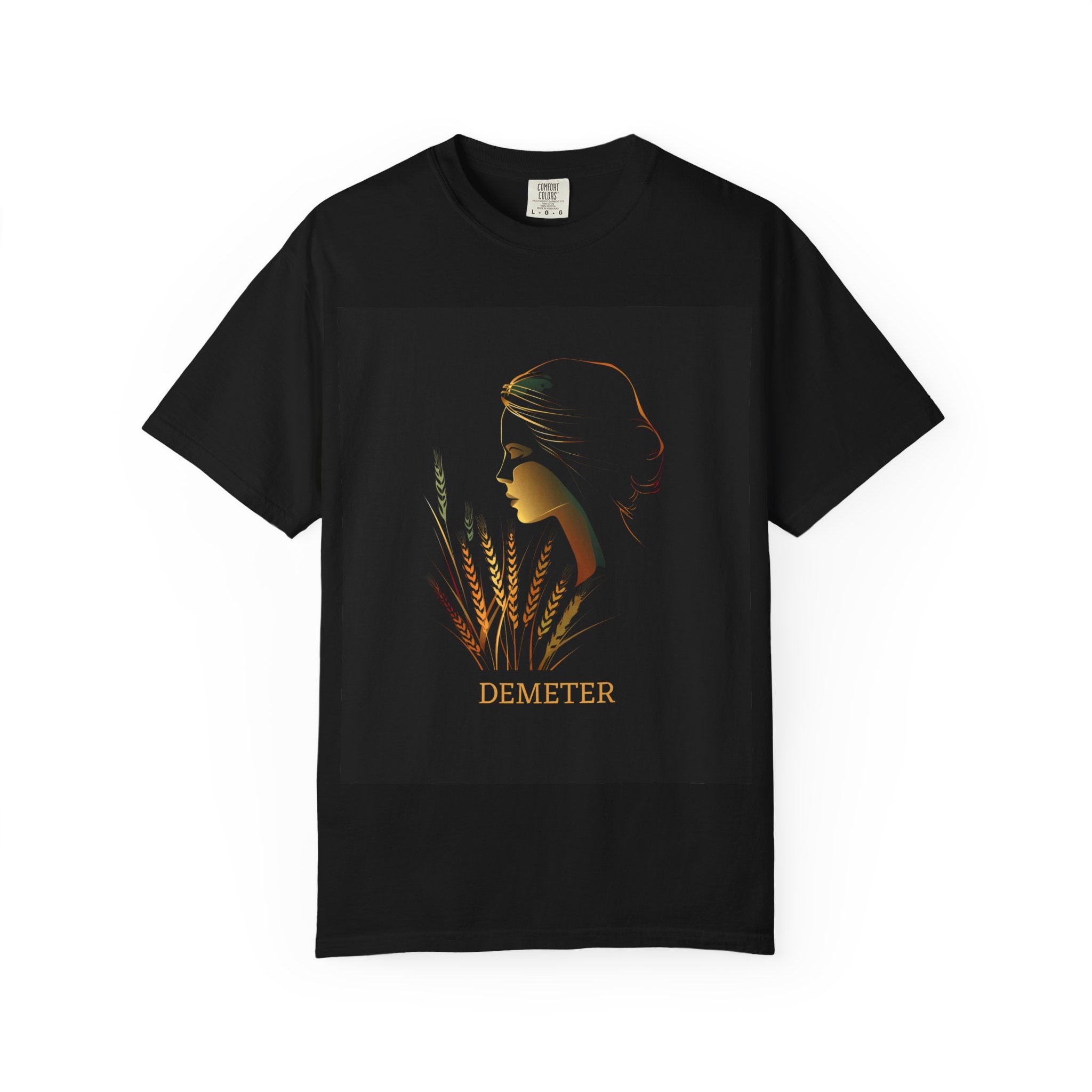 Black t-shirt with a graphic of a woman and wheat, labeled 'Demeter', on a white background