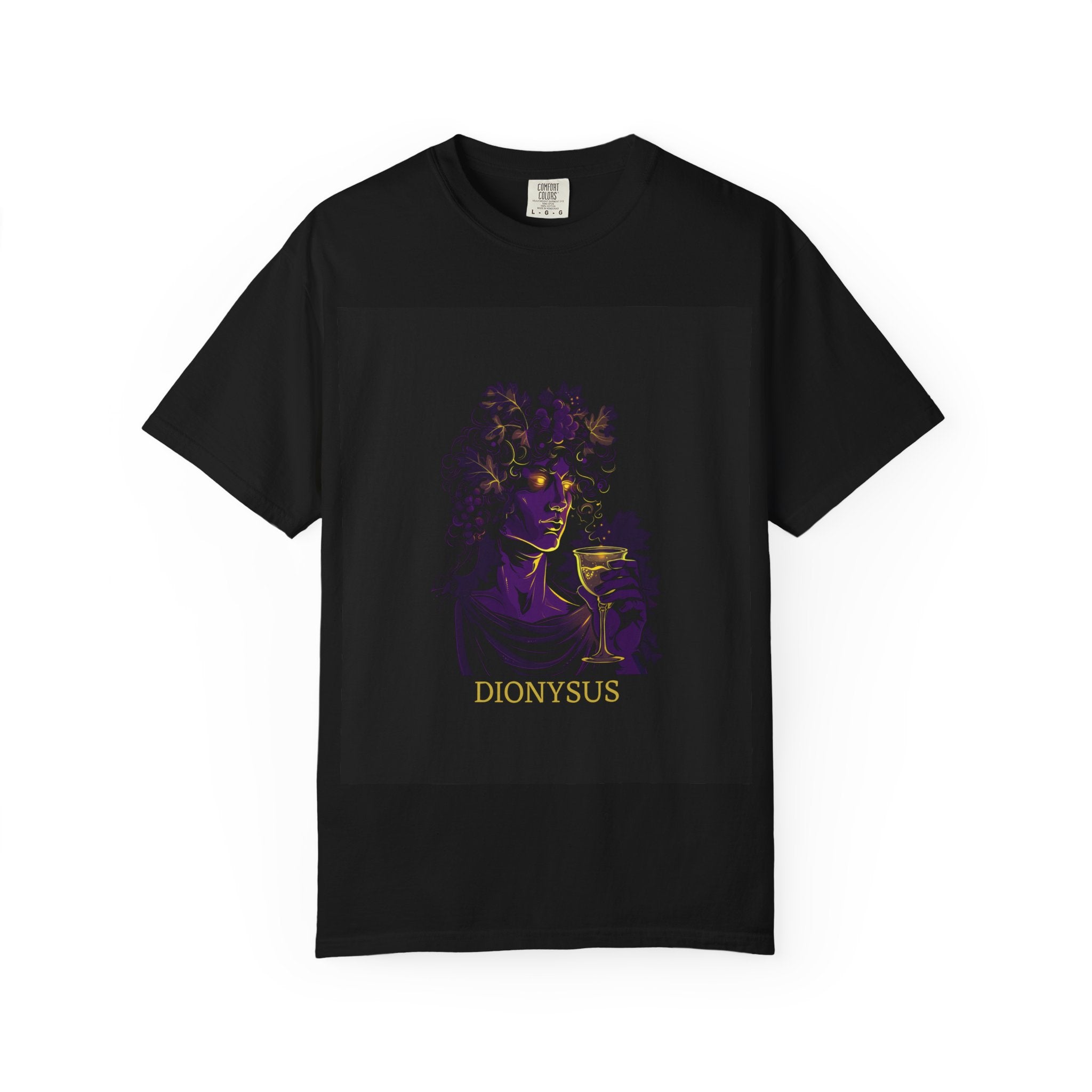 Black t-shirt with a graphic of a figure holding a wine glass and the word 'Dionysus' on a white background.