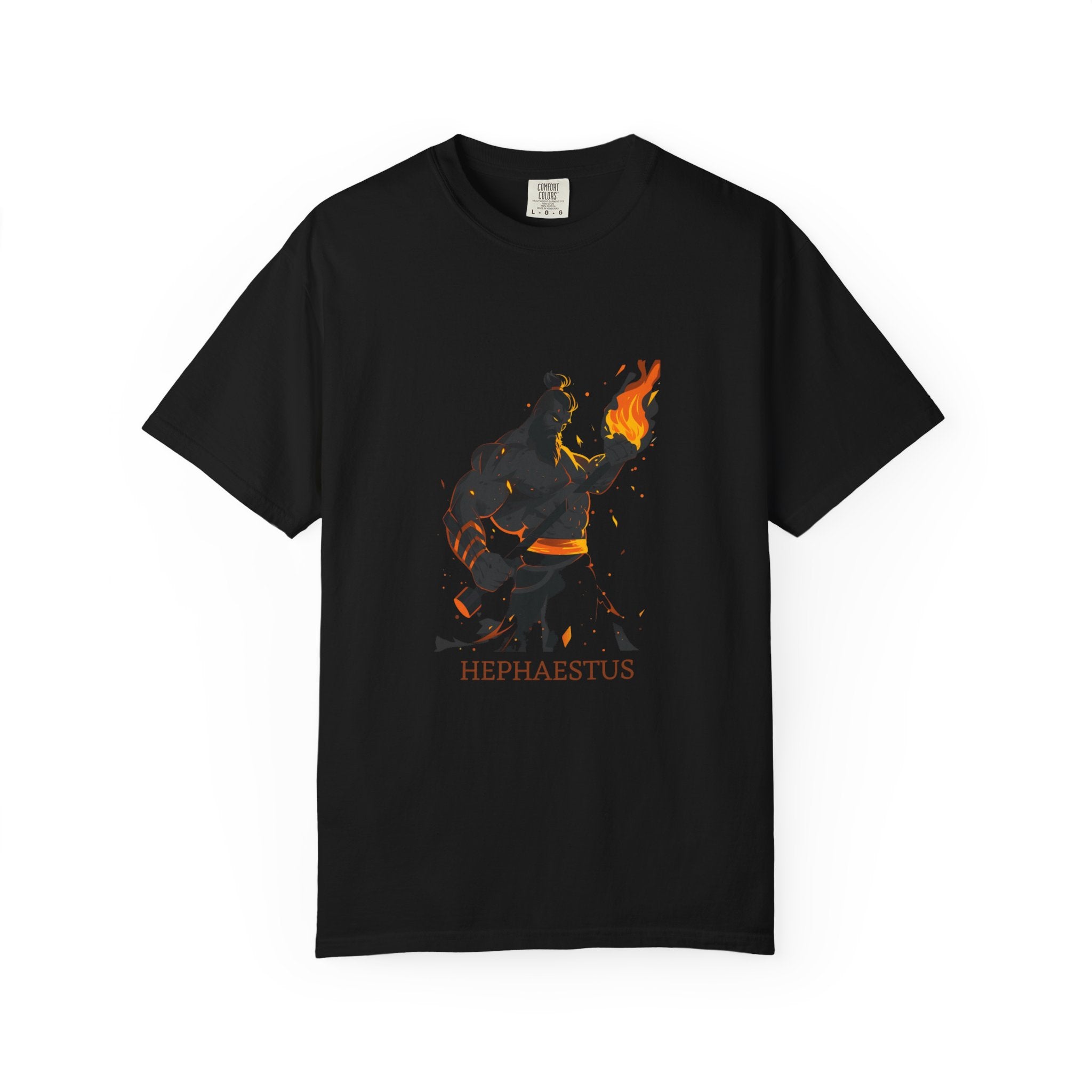Black t-shirt with a graphic design of a character labeled 'Hephaestus' on a white background